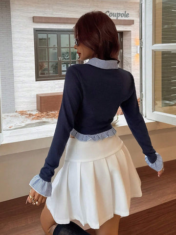 EZwear Women's 2 In 1 Plaid Ruffle Flare Sleeve Blouse