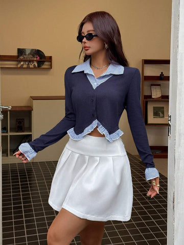 EZwear Women's 2 In 1 Plaid Ruffle Flare Sleeve Blouse