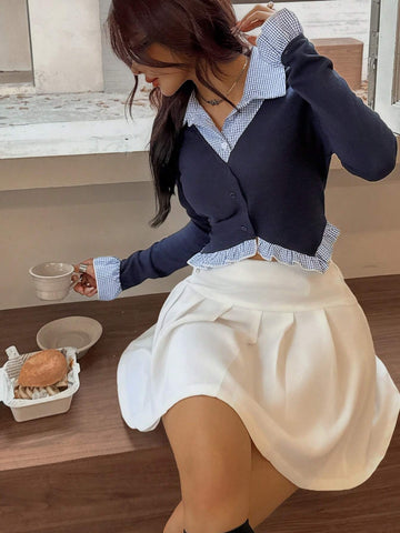 EZwear Women's 2 In 1 Plaid Ruffle Flare Sleeve Blouse