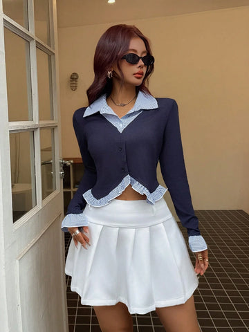 EZwear Women's 2 In 1 Plaid Ruffle Flare Sleeve Blouse