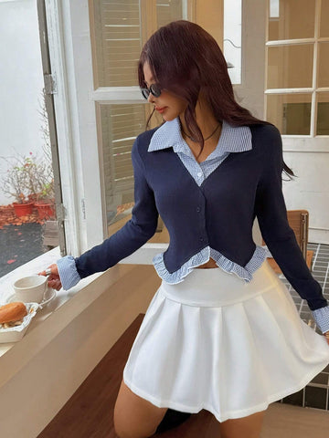 EZwear Women's 2 In 1 Plaid Ruffle Flare Sleeve Blouse