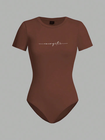 Women's 3pcs/Set Round Neck Short Sleeve Bodycon Bodysuit With Letter Print