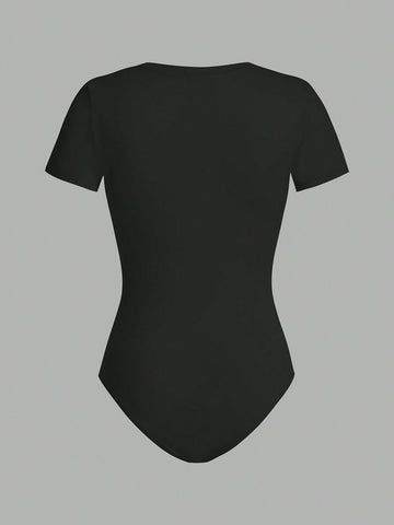 Women's 3pcs/Set Round Neck Short Sleeve Bodycon Bodysuit With Letter Print