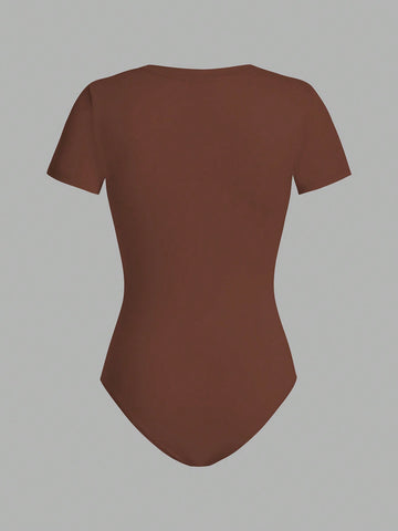 Women's 3pcs/Set Round Neck Short Sleeve Bodycon Bodysuit With Letter Print