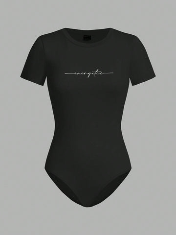 Women's 3pcs/Set Round Neck Short Sleeve Bodycon Bodysuit With Letter Print