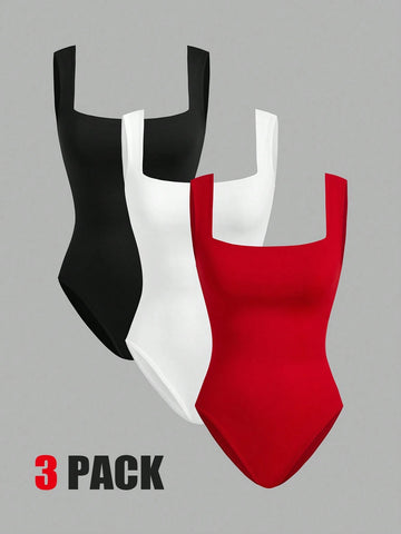 Women's 3pcs Black/Red/White Double-Layer Seamless Bodysuit Vest