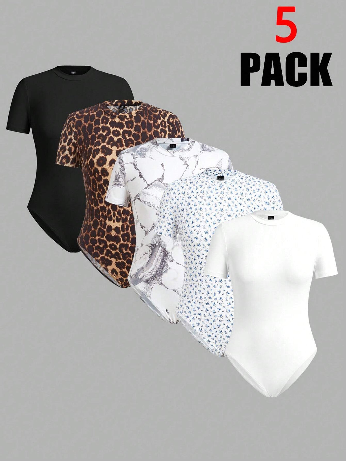Women's 5pcs/Set Casual Round Neck Short Sleeve Bodysuit Set