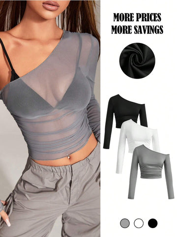 Women's Asymmetric Oblique Shoulder Side Pleated Tee