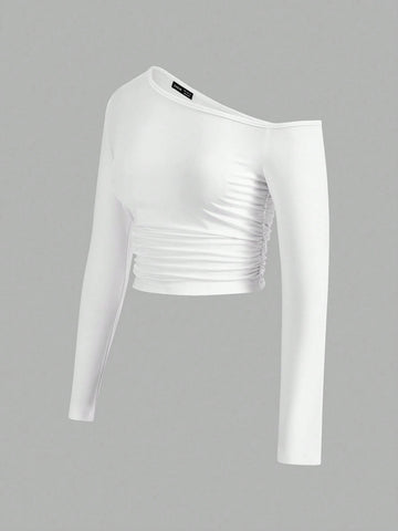 Women's Asymmetric Oblique Shoulder Side Pleated Tee