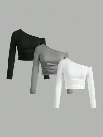 Women's Asymmetric Oblique Shoulder Side Pleated Tee