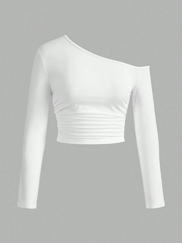 Women's Asymmetric Oblique Shoulder Side Pleated Tee