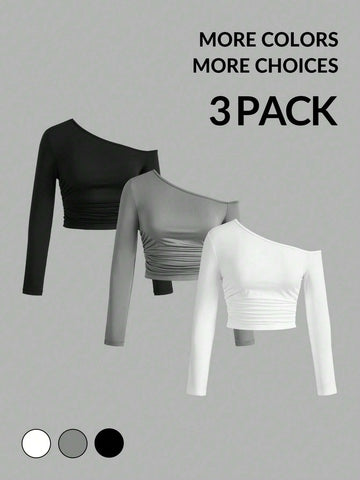 Women's Asymmetric Oblique Shoulder Side Pleated Tee