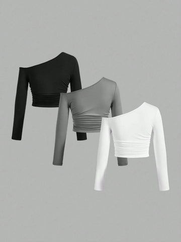 Women's Asymmetric Oblique Shoulder Side Pleated Tee