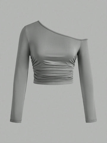 Women's Asymmetric Oblique Shoulder Side Pleated Tee