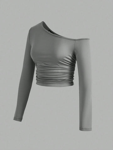 Women's Asymmetric Oblique Shoulder Side Pleated Tee