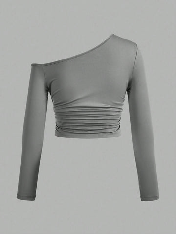 Women's Asymmetric Oblique Shoulder Side Pleated Tee