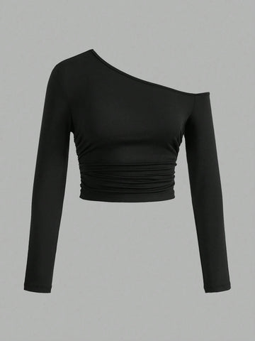 Women's Asymmetric Oblique Shoulder Side Pleated Tee