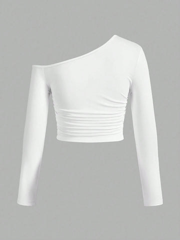 Women's Asymmetric Oblique Shoulder Side Pleated Tee