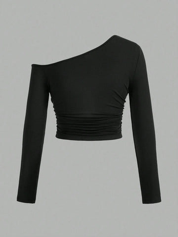 Women's Asymmetric Oblique Shoulder Side Pleated Tee