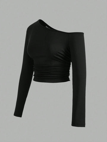 Women's Asymmetric Oblique Shoulder Side Pleated Tee