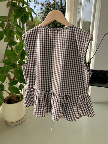 EZwear Women's Autumn Plaid Front Tie Ruffle Hem Sleeveless Blouse