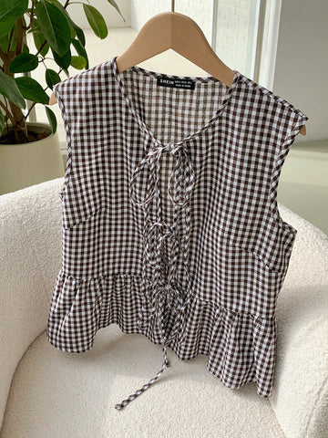 EZwear Women's Autumn Plaid Front Tie Ruffle Hem Sleeveless Blouse
