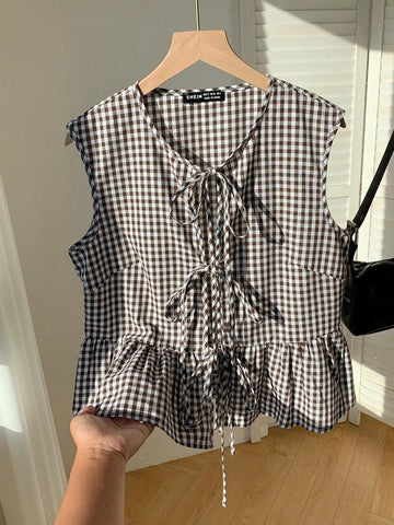 EZwear Women's Autumn Plaid Front Tie Ruffle Hem Sleeveless Blouse