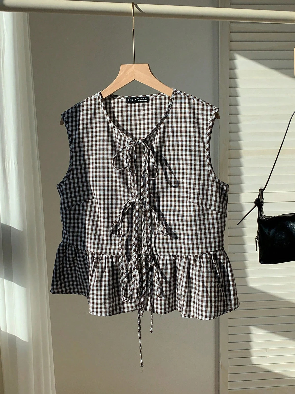 EZwear Women's Autumn Plaid Front Tie Ruffle Hem Sleeveless Blouse