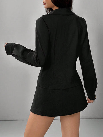 Women's Autumn Solid Collarless Jacket And Mini Skirt 2 Piece Casual Set