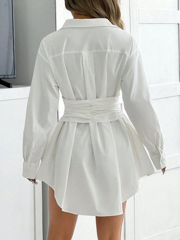 Women's Autumn Solid Color Drop Shoulder Long Sleeve Single Breasted Casual Ruffle He