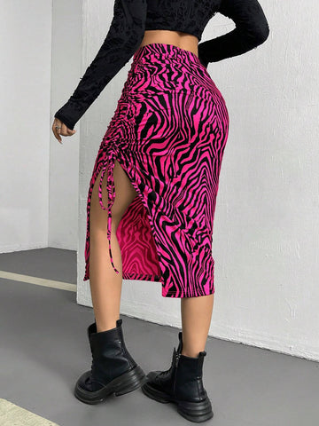 EZwear Women's Back To School Leopard Print Drawstring High Waist Slit Bodycon Skirt