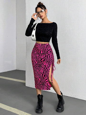 EZwear Women's Back To School Leopard Print Drawstring High Waist Slit Bodycon Skirt