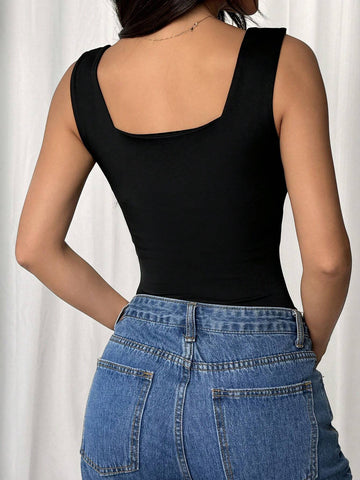 Women's Backless Chic Fitted Solid Color Simple Square Neck Padded Bodysuit