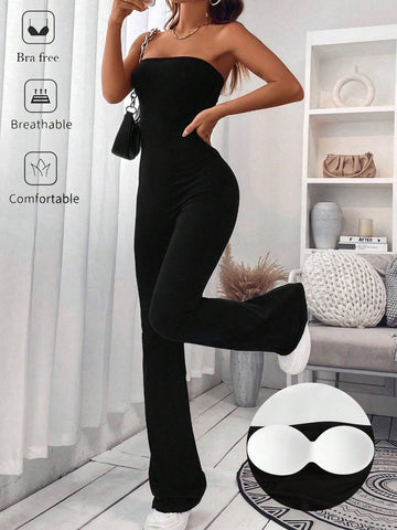 Women's Backless Fitted Solid Color Simpel Bandeau Jumpsuit