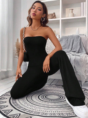 Women's Backless Fitted Solid Color Simpel Bandeau Jumpsuit