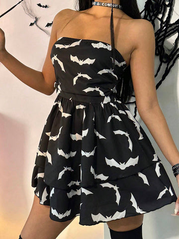Women's Bat Print Short Bandeau Black Dress, Halloween Costume