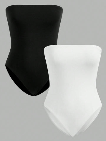 Women's Black And White 2pcs Halterneck Tight Bodysuit, Suitable For Summer