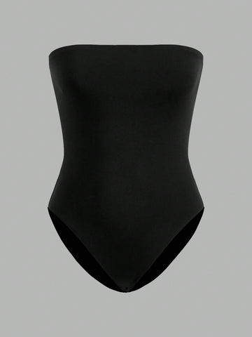 Women's Black And White 2pcs Halterneck Tight Bodysuit, Suitable For Summer