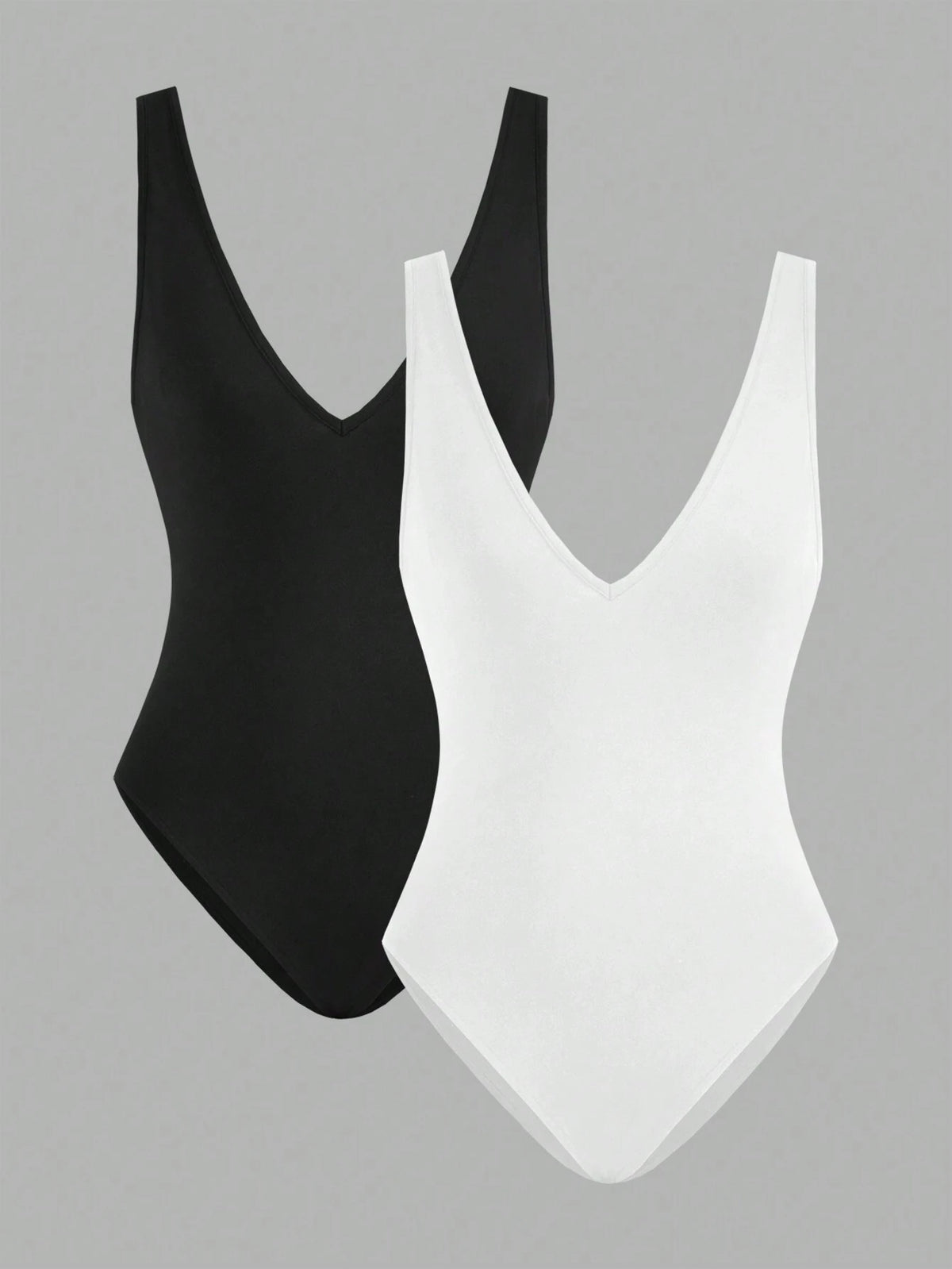 Women's Black And White 2pcs Sexy Deep V-Neck Sleeveless Bodysuit With Backless Design, Suitable For Summer Outings