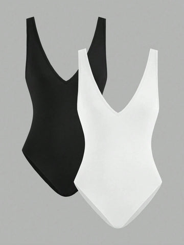 Women's Black And White 2pcs Sexy Deep V-Neck Sleeveless Bodysuit With Backless Design, Suitable For Summer Outings
