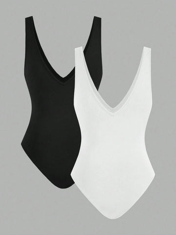 Women's Black And White 2pcs Sexy Deep V-Neck Sleeveless Bodysuit With Backless Design, Suitable For Summer Outings