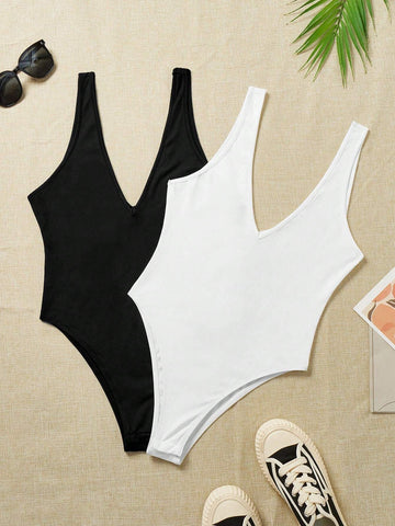 Women's Black And White 2pcs Sexy Deep V-Neck Sleeveless Bodysuit With Backless Design, Suitable For Summer Outings