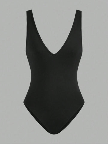 Women's Black And White 2pcs Sexy Deep V-Neck Sleeveless Bodysuit With Backless Design, Suitable For Summer Outings