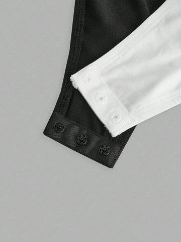 Women's Black And White 2pcs Sexy Deep V-Neck Sleeveless Bodysuit With Backless Design, Suitable For Summer Outings