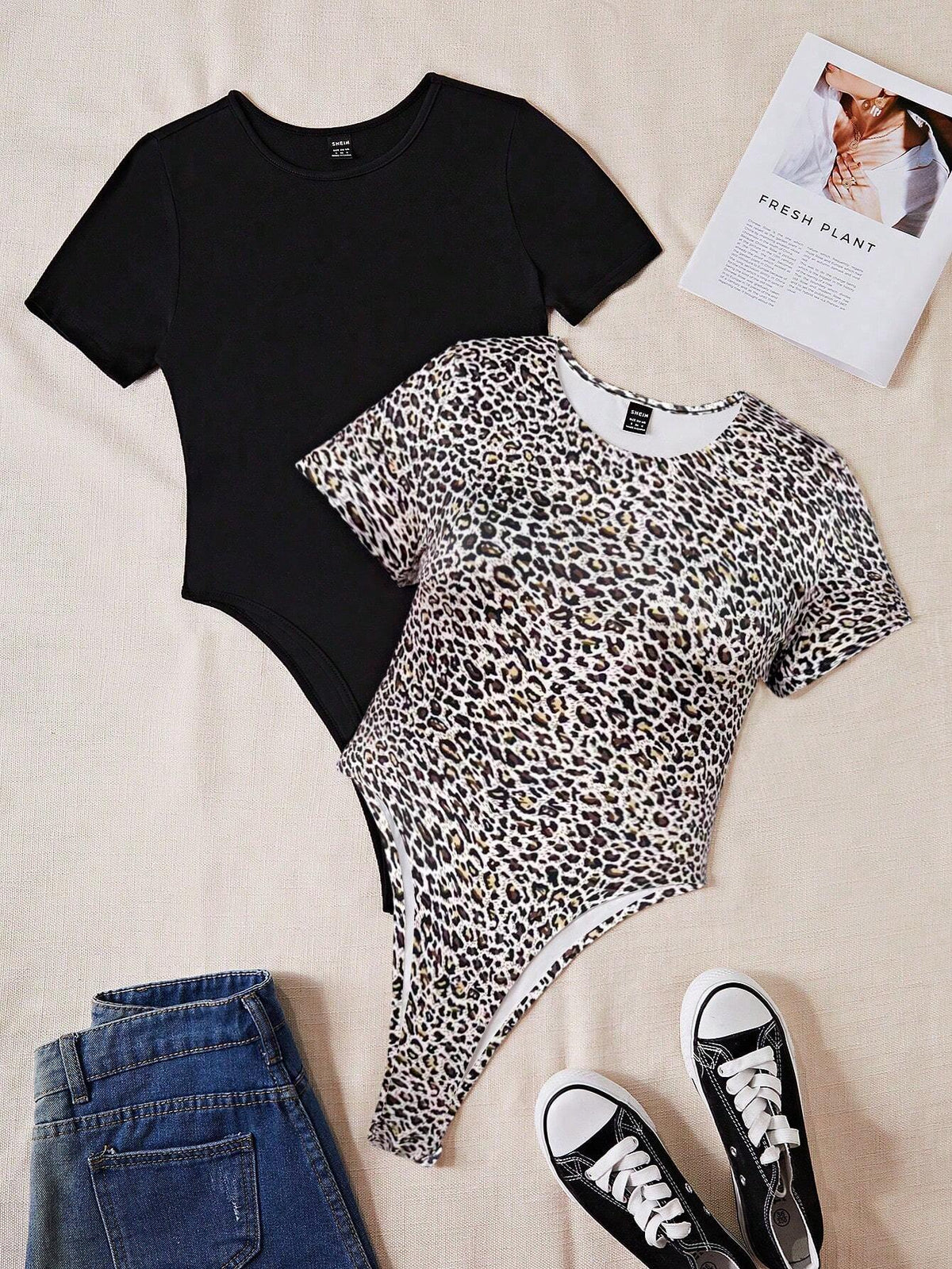 Women's Black And White Short Sleeve Round Neck Bodysuit Set