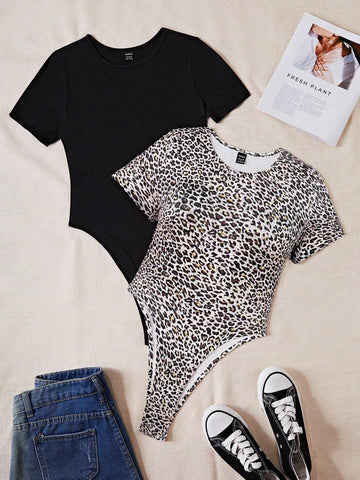 Women's Black And White Short Sleeve Round Neck Bodysuit Set