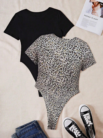 Women's Black And White Short Sleeve Round Neck Bodysuit Set
