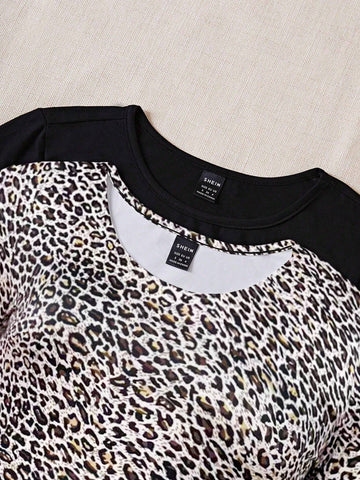 Women's Black And White Short Sleeve Round Neck Bodysuit Set