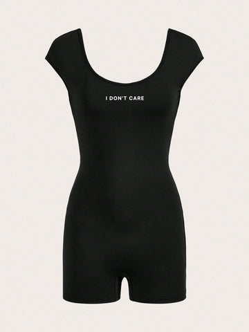 Women's Black Backless Round Neck Crop Sleeve Jumpsuit With Shorts, Perfect For Summer