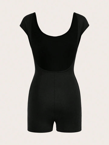 Women's Black Backless Round Neck Crop Sleeve Jumpsuit With Shorts, Perfect For Summer